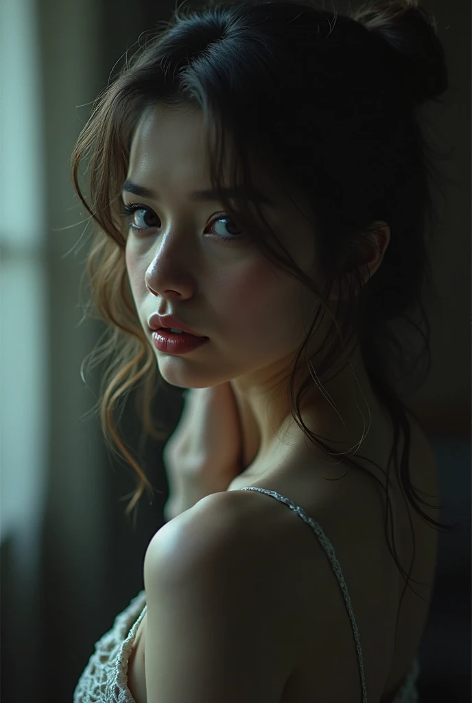 Best quality, masterpiece, ultra high res, (photorealistic:1.4), raw photo, 1girl, offshoulder, in the dark, deep shadow, low key, cold light