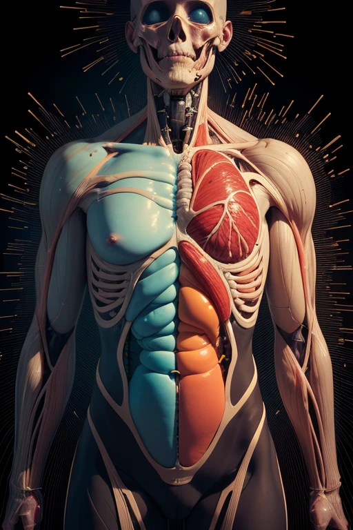 a detailed hyperrealistic human anatomy torso with partially transparent skin, revealing organs, muscles and skeletal system, 1 person, medical illustration style, gold abstract mandalas, petals blending seamlessly, neutral background, best quality, 8k, photorealistic, physically-based rendering, extreme detail description, studio lighting, sharp focus, ultra-fine painting, vivid colors gold brains, sandstorm death cinematic