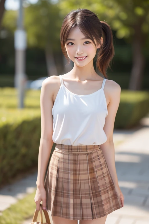 Pure Japanese school girl, sexual attraction, natural body, shiny white skin, wearing uniforms, natural ponytail, no makeup, impressive big brown eyes, pure smile, professional portrait photography, dazzling summer sunlight,