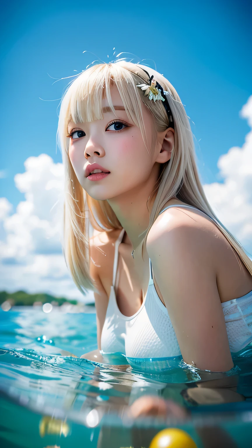 An innocent 20-year-old beautiful platinum blonde、Beautiful, shiny, super long, natural platinum blonde hair、Bangs between the eyes falling on the face、((Wearing an open white T-shirt,Dramatic Pose)),Sexy look,Super long straight blonde silky hair,dazzling blonde reflected light、Bed Background,Beach Background、RAW Photos, (8k、Highest quality、masterpiece:1.2)、(Intricate details:1.4)、(Realistic:1.4)、Octane Rendering、Intricate 3D rendering Super Detailed, Studio Soft Light, Rim Light, Sharp details, Super Detail, Realistic skin texture, Cheek gloss highlighter、Detailed aspect, Very beautiful big bright light blue eyes, Very big eyes、Highly detailed CG Unity 16k wallpaper, Perfect small face beauty、Round face、compensate, (Detailed Background:1.2), Glowing Skin, whole body、From head to thighs、Cleavage,((Sleeping on your back、Angle of view from above))