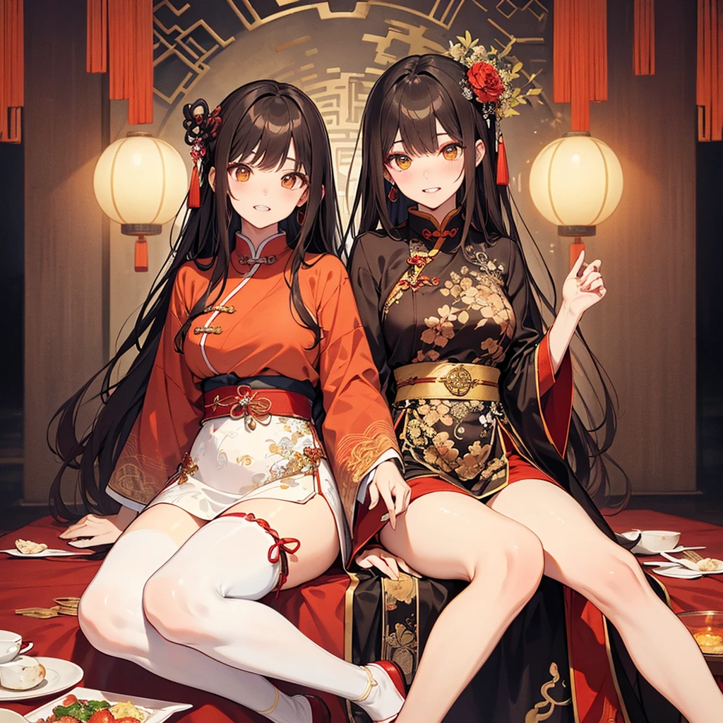 (((best quality))), ((ultra-detailed)), ((an extremely delicate and beautiful)), ((16k)), realistic, hd, cgi, gleaming hair, gleaming skin, gleaming dress, Character focus, solo, stylish pose, strong light coming in, sharp focus, illustration, game cg, anime, solo, curvy, (big breasts:1.3), forehead, ( Chinese Lace Up Cheongsam Open Chest Bodycon Dress High Slit Qipao mini), faste collarbone, (belly:0.9), standing, leaning forward, hand reaching out, looking at viewer, ocean, flower hair ornament, accessories, backlighting, shiny skin, shiny body, chibi, gloves, necklace, jewelry, black-brown hair, bead necklace, red faded into black colored hair, brown eyes, long hair, black bunny ears, red ubre hair, red black hair, more red hair streaks, smaller dress, sitting