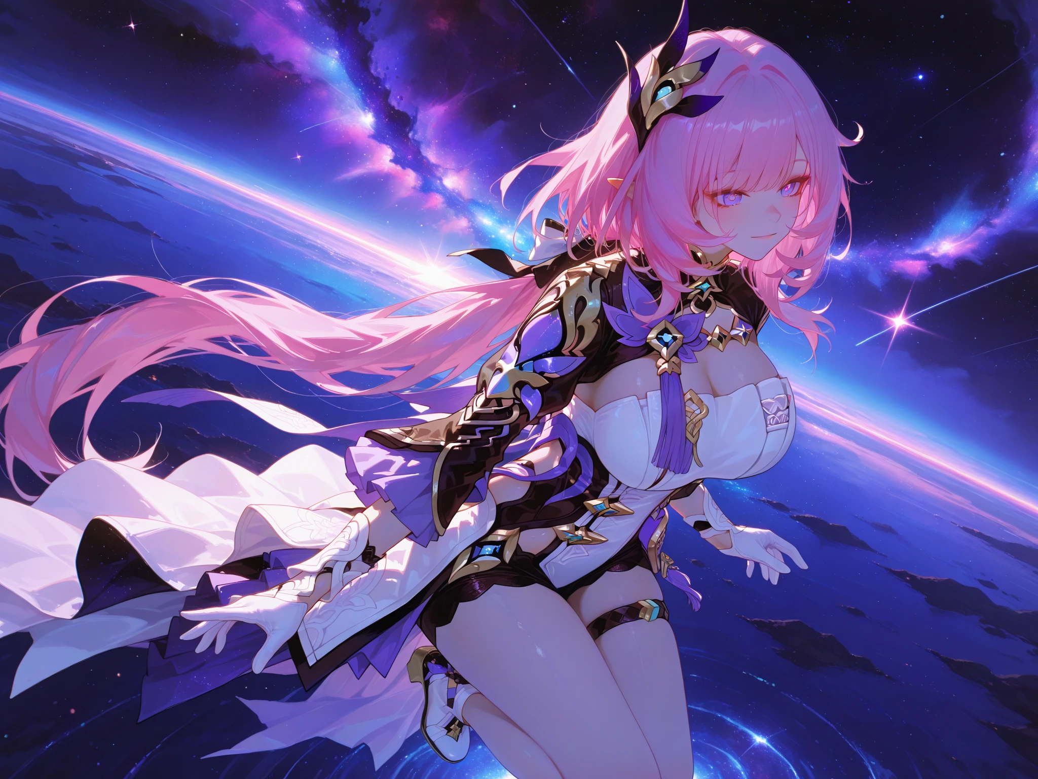 ((masterpiece:1.2)), ((highest quality)), detailed metal texture, perfect anatomy,1girl in magical mecha armor flying over the cyber city, (Solo:1.5), pink hair, (Mecha girl),  (large wings), ((mecha:1.4)), (magical power:1.5),white outfit, Marshal's exclusive sapphire blue armor dress,((shiny armor, High-gloss armor)), many parts, cleavage, navel, thighs, menacing,(magic circle:1.3), (Combat pose), (action pose:1.3), universe, nebula, aurora, vivid color, hight contrast