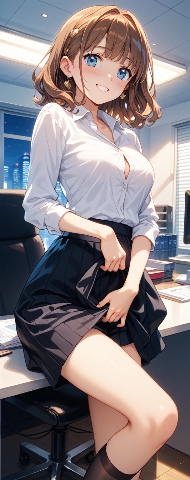 (1 person、alone), Beautiful woman, (Anatomically perfect body, Slender、(OL, office lady:1.2)、((Short sleeve blouse、Best、Pencil Skirt))、 (Look down, face down)、 years old、(Highest quality)、Black Hair, (half updo:1.2), (Inner thighs, Leaning forward:1.1)、(Are standing)、(office)、(8K, High resolution)、(shy:1.4)、small breast, (steam:1.1), (embarrassed:1.3)、High definition face、(Pussy juice:1.2), (Hug your chest), (Close ~ eyes)