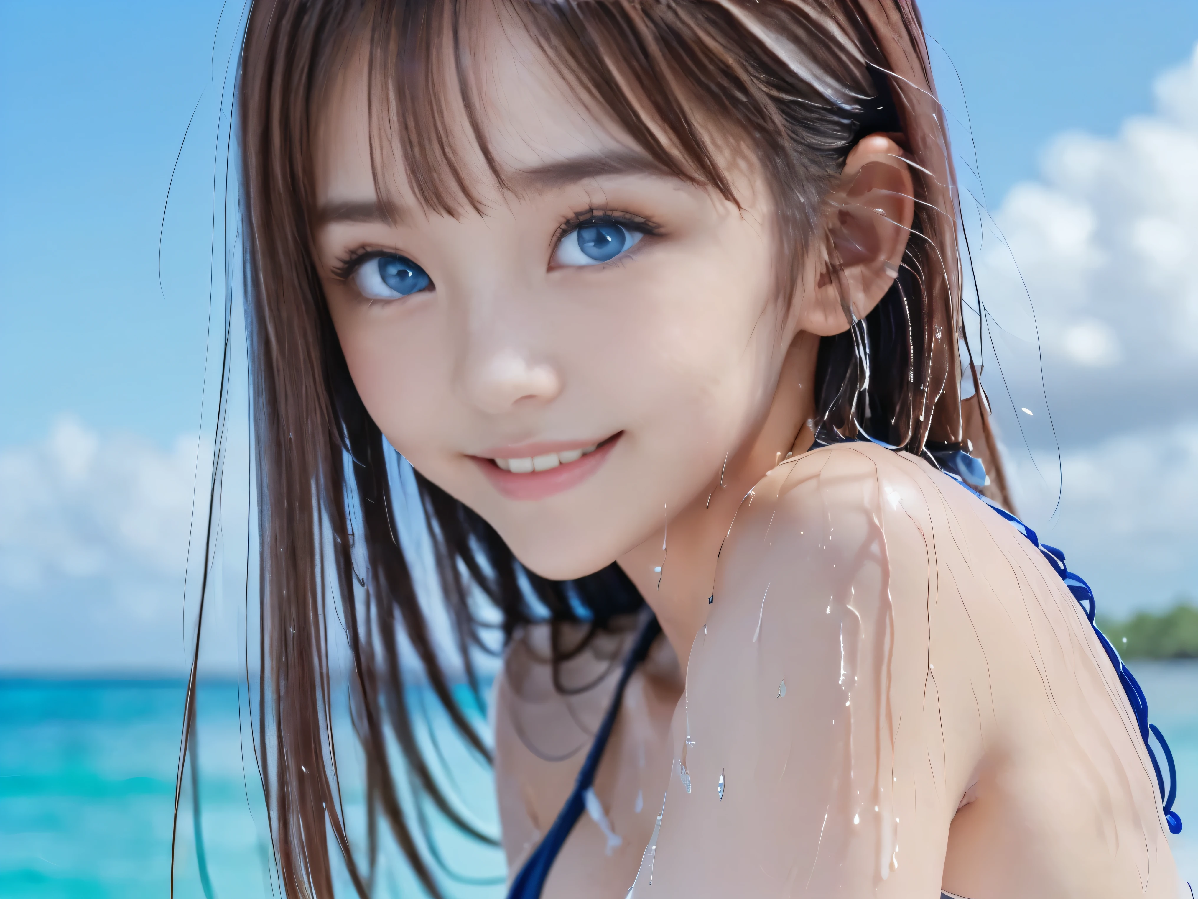 Mary Rose、brown hair、Half-length photo、((sexy bikini))、Very beautiful Swedish 16 year old pretty girl、Glowing skin、White skin、a smile、Beautiful bangs、long and straight，Silky beautiful brown hair girl、Shiny hair、Extra long straight hair、Eyeliner、A small face、Large Breasts、 Crystal clear ocean blue eyes，Shining with beauty、beautiful and smart girl、Take a selfie outdoors、Looking ahead
