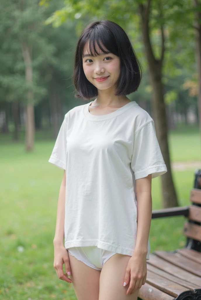 (pale white t-shirt, jeans:1.3), (small breasts, election of nipples:1.3), (natural lighting:1.3), 8k, RAW photo, best quality, masterpiece, realistic, photo-realistic, clear, beautiful face, no makeup, best quality, ultra high res, BREAK, Japanese cute girl, 14 years old, (extra short cut hair:1.2), Glasses, smile, standing, BREAK, (black eyes, black hair:1.2)