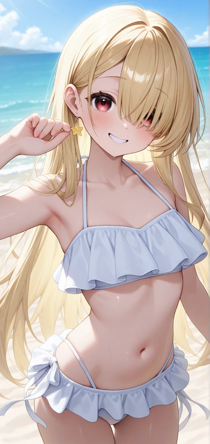 ((best quality)), (((very detailed)), masterpiece, (detailed eyes, deep eyes), (1girl), dynamic pose, upper body, lillie blonde hair, green eyes, medium breasts, (white dress), high heels, sheer clothes, beach, very sweaty, arms up, armpit, almost transparent bikini, lillie hair, small breast, small butt, small ass,