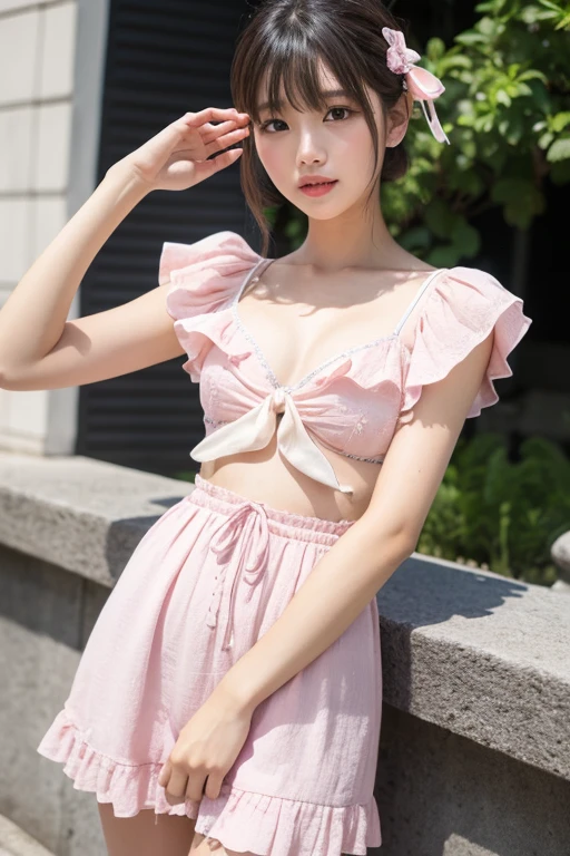 Create a 6 profile picture of a Matured Women but different faces and hair style wearing a pink beach dress she is holding a pink tulips with her both hands and her hair is brown and the background is beach theme wedding she is a bridesmaid full body please