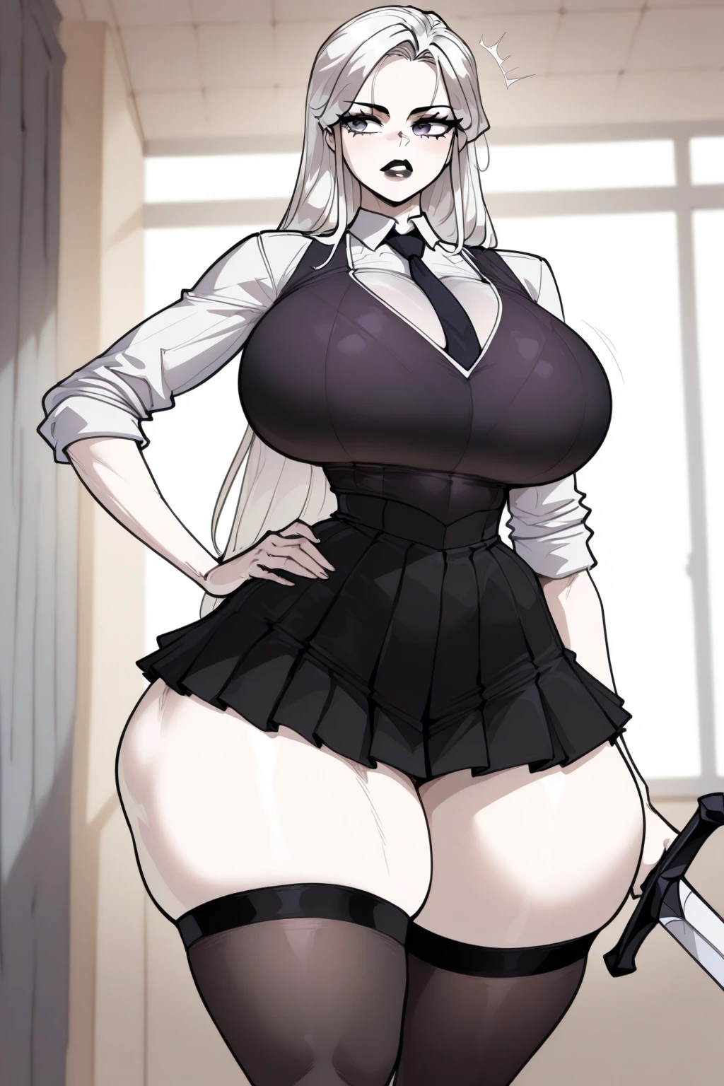 (Best quality, 4k, Masterpiece :1.3, 8k, ultra-detailed, ultra-masterpiece), mature pretty woman, ultra-detailed face, detailed lips, full lips, detailed eyes, double eyelid, wide hips, thick thighs, smooth skin, (big breasts:1.4), round breasts, symmetrical breasts, fake breasts, white hair, red eyes, ((thicc body)), tall, ((huge breasts)), casual outfit, pleated skirt and a black leather jacket over a white tank top, (Looking with disgust:1.3), (Look of disapproval, look of disgust)