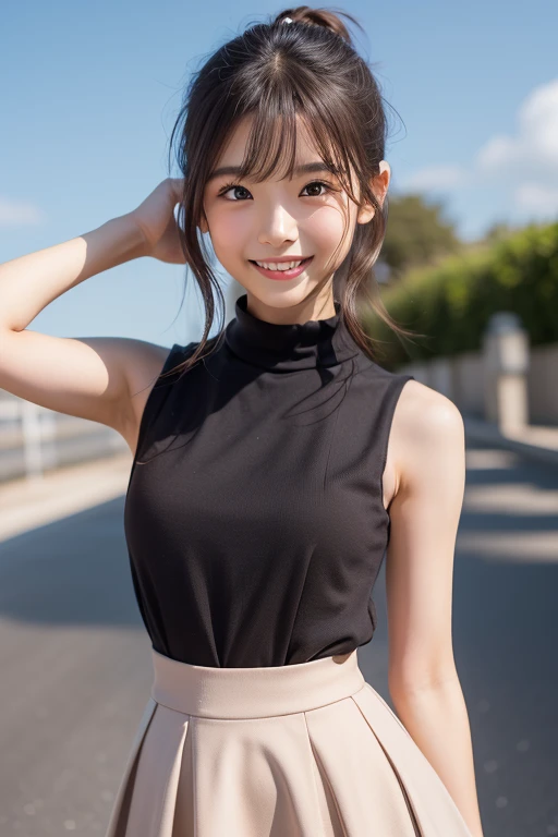 pieces fly、masterpiece、highest quality、Super detailed、High resolution、High resolution、8K portrait、unity 8k wallpaper、Detailed CG、unity 8k wallpaper、Detailed CGユニティ8kの壁紙、realistic、real person、portrait photography、shiny skin、(20-year-old:1.2)、(cute:1.2)、High resolution、beautiful clear eyes、very detailed explanation、delicate face、cute face、nice lips、thin waist、thin legs、(small face:1.6)、1 girl、(Shopping mall:1.2)、((flat chest:1.8))、(Sleeveless turtleneck knit:1.6)、(pleated skirt:1.3)、(Braless nipples:1.8)、(big smile:1.3)、(stop temporarily:1.2)、(small breasts:1.8)、(eight-headed body:1.6)