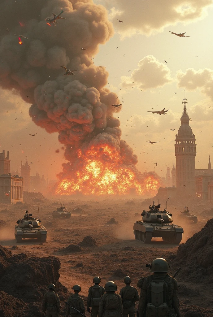 create a world war scene, with planes, tanks, and a nuclear explosion in a city