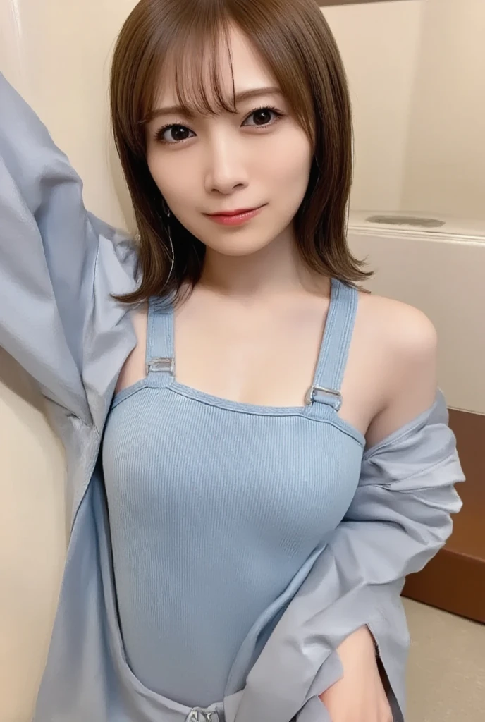 (8k, RAW Photo, Best Quality, Masterpiece: 1.3), breakone girl, (a beauty girl, delicate girl:1.3), (21 years old:1.5), break, (Blue going out dress:1.3), break, Extremely fine grain definition, (Symmetrical eyes:1.3), break, Small breasts, Brown eyes, Parted bangs, brown hair, girl, break, (Eye and facial details:1.3),break,smile, (Sapporo Racecourse:1.3),carry case