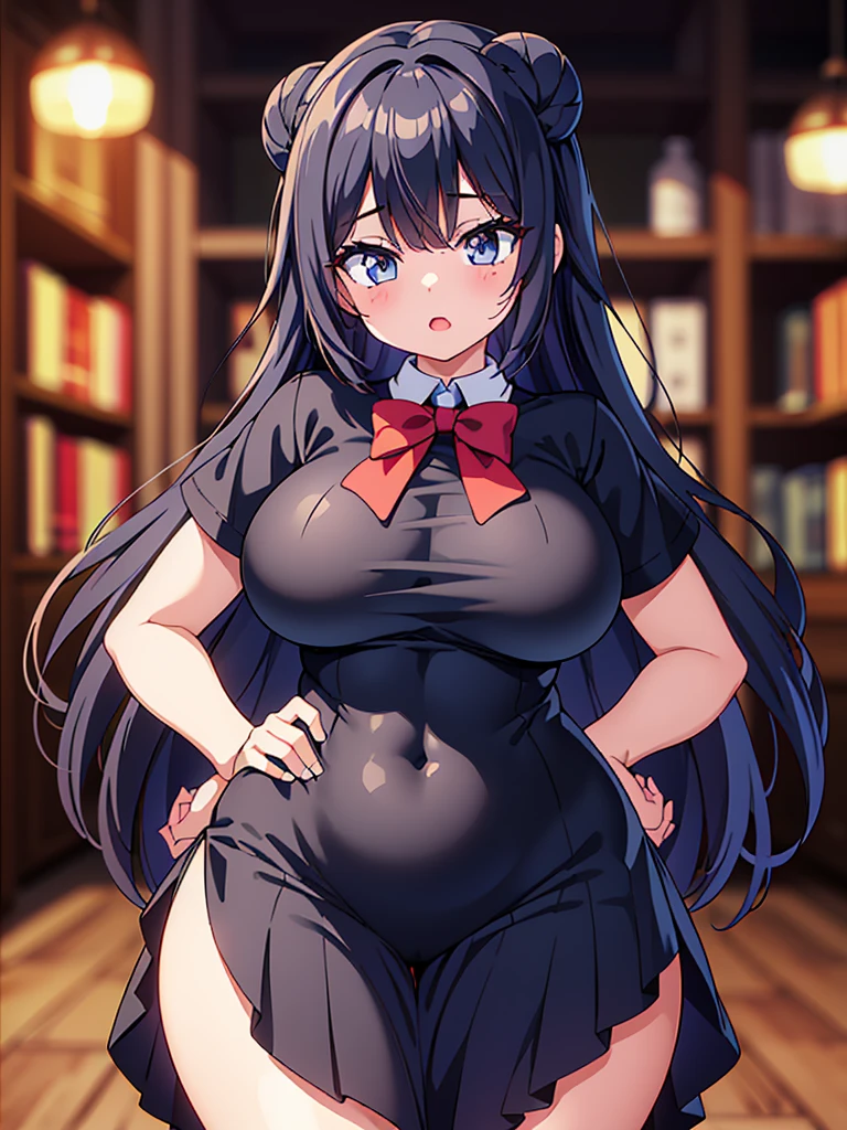 Mai Sakurajima、Black Bunny Girl,(High quality,4K,8K,hight resolution,masutepiece:1.2),Ultra-detailed,Physically-based rendering,Professional,Vivid colors,Portraits,Library,bookshelf,livingroom,Open legs,Beautiful woman,Arched boobs,long straight black hair,Deep Blue Eyes,Gentle,Porcelain Skin,Big breasts,tall,skinny,Raised eyebrows,Heavy breathing,glistning skin,Erect ,