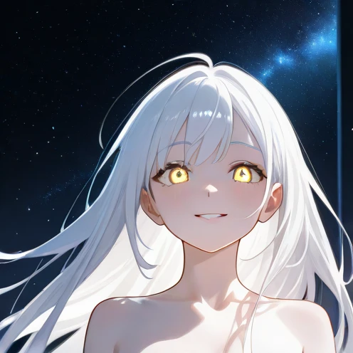 upper body of beautiful woman, glowing silver white skin and silver hair, naked, glowing, illuminating, glowing white eyes, flying in space, space and stars background