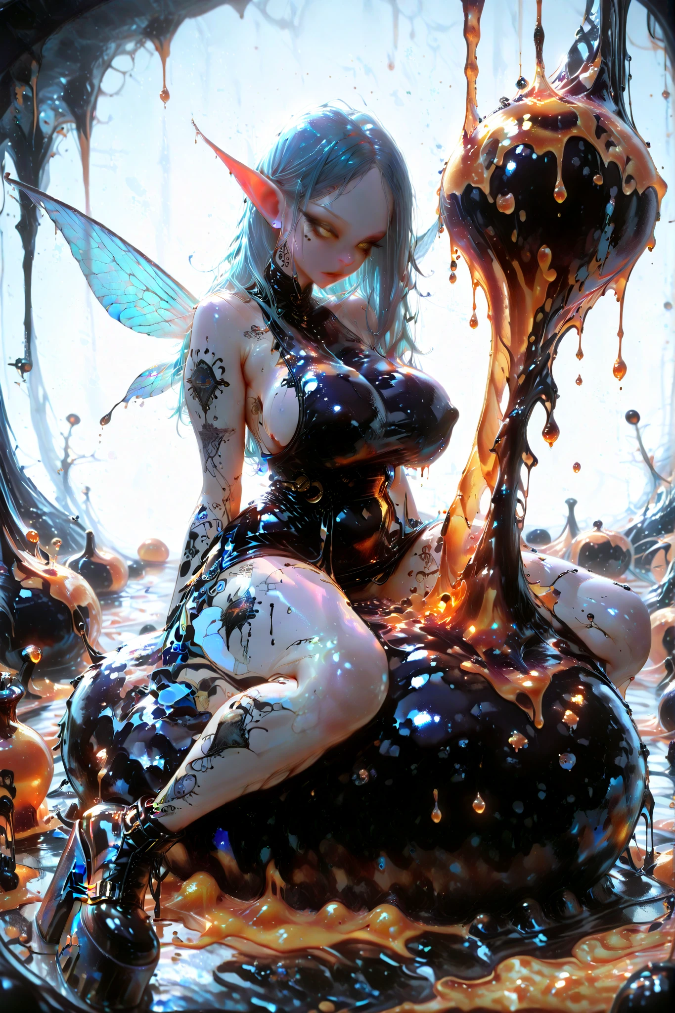 Kitch_PDXL, sitting on a big sticky peach, Black Slime, ((Extreme detail)), full body, sexi pose, slender legs,high platform shoes, (ultra-detailed eyes), perfect eyes, pixie-punk, very small fairy, sexy poses, transparent pixie wings, perfect skin, body tattoos, long blue hair, long hair, shiny skin, latex swimsuit, big breasts, massive breasts, sagging breasts, low-cut dress, bare shoulders,lots of nectar, a room of nectar, facing forward, looking at the viewer, Solo, yellow eyes, nectar hive,dynamic angle from top to bottom, cowboy shot, macro shot