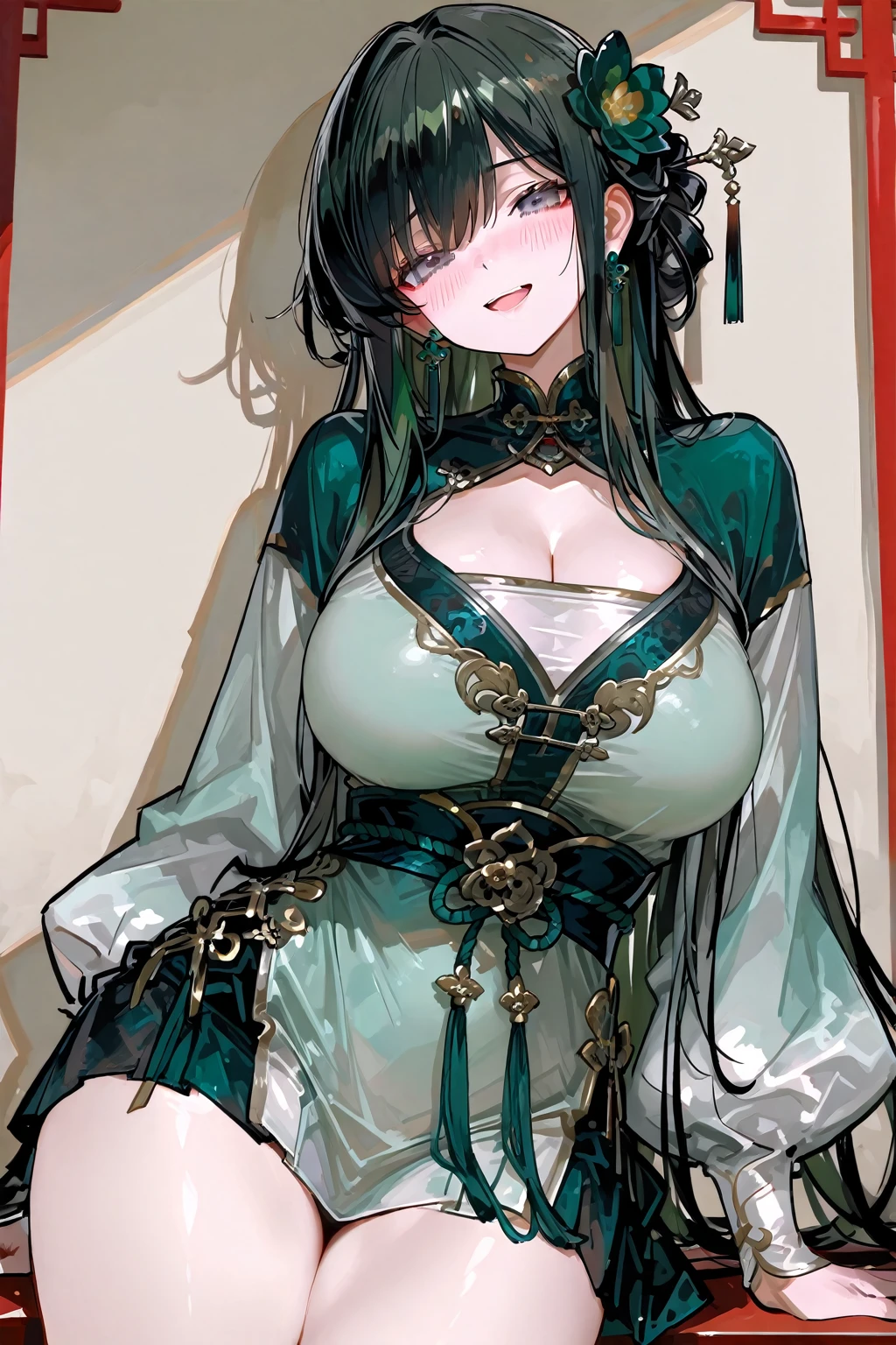 Beautiful Chinese princess，dual horsetail，Pupil flickering，teens girl，Lori huge breasts cleavage，Bigchest，Raised sexy，White skin，palace background，the Tang Dynasty，trpical garden