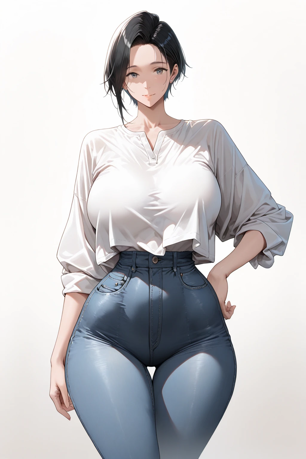 ((1girl, solo)), ((mature female)), beautiful body, (perfect ???????, perfect body, perfect hands, perfect legs), (five fingers:1.5), natural proportions, sexy body, large breasts, cowboy shot BREAK 

((extremely detailed face)), (beautiful detailed eyes:1.6), (realistic pupils, realistic iris:1), expressive eyes, looking at viewer, (clear eyes:1.3), (hyperrealistic:1.2), (detailed skin texture:1.2), smooth skin, (green eyes:1.5), (black hair:1.5), ((long hair)), bangs, hair over shoulder, white scrunchie, (detailed lips:1.2), (attractive lips:1.1), (glossy lips:1.1), blush, perfect face, perfect eyes BREAK

((blue shirt)), collarbone, cleavage, long sleeves, ((white pants)), skin tight, barefoot BREAK

(masterpiece:1.5), anime-style, top quality, best quality, (beautiful and aesthetic:1.2), (ultra detail:1.5), Ultra-detailed depiction, Ultra-precise depiction, extremely detailed 8k illustration, high resolution, (highly detailed shading:1.2), (realistic lighting:1.4), perfect lighting, vibrant colors, dynamic tones, striking hues, 8k, absurd resolution, perfect shadows, hdr, UHD, ambient lighting, realistic, ultra-realistic, photo realistic, highly detailed, rich detail, luminous colors, fine texture, intricate design, professional illustration, (soft light:1.2), (illustration:0.7)