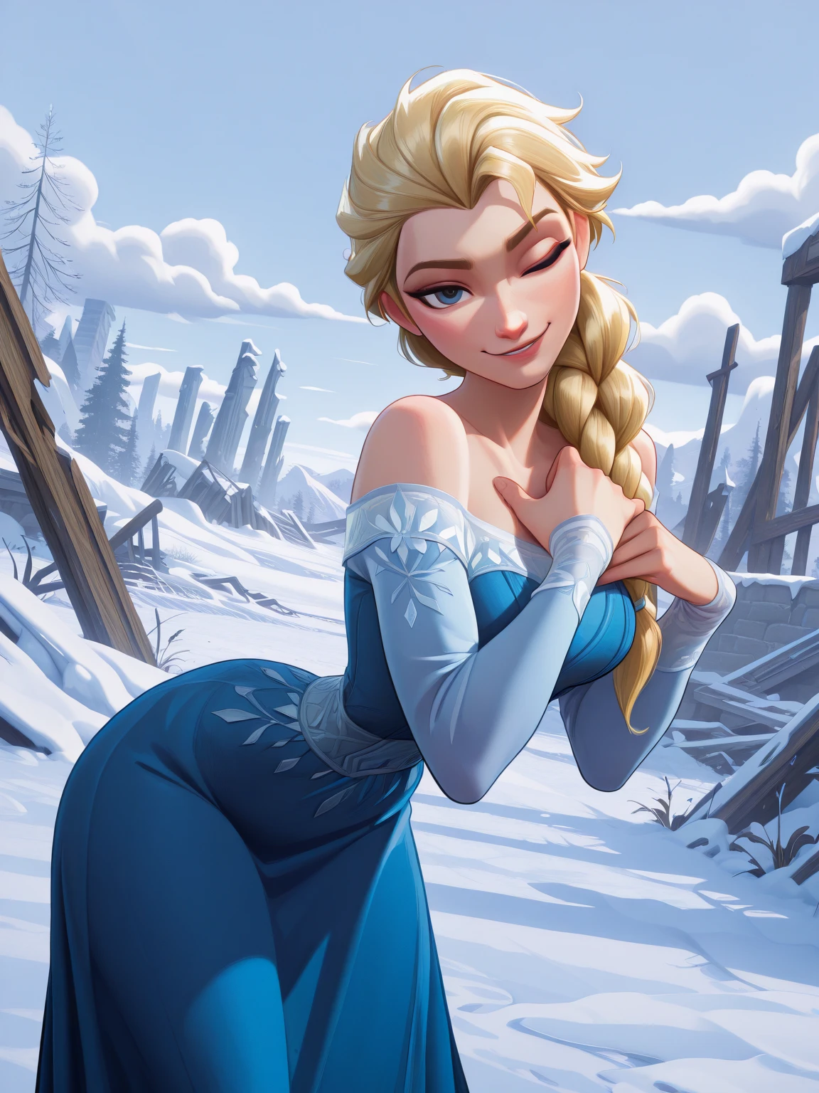 felsa, blue eyes, blonde hair, single braid, cyan dress, long dress, looking at viewer, smiling, embarrassed, blush,from_below, dress lift, white thong, cameltoe, outside, blue sky, high quality, masterpiece, <lora:elsa5-real:.6>