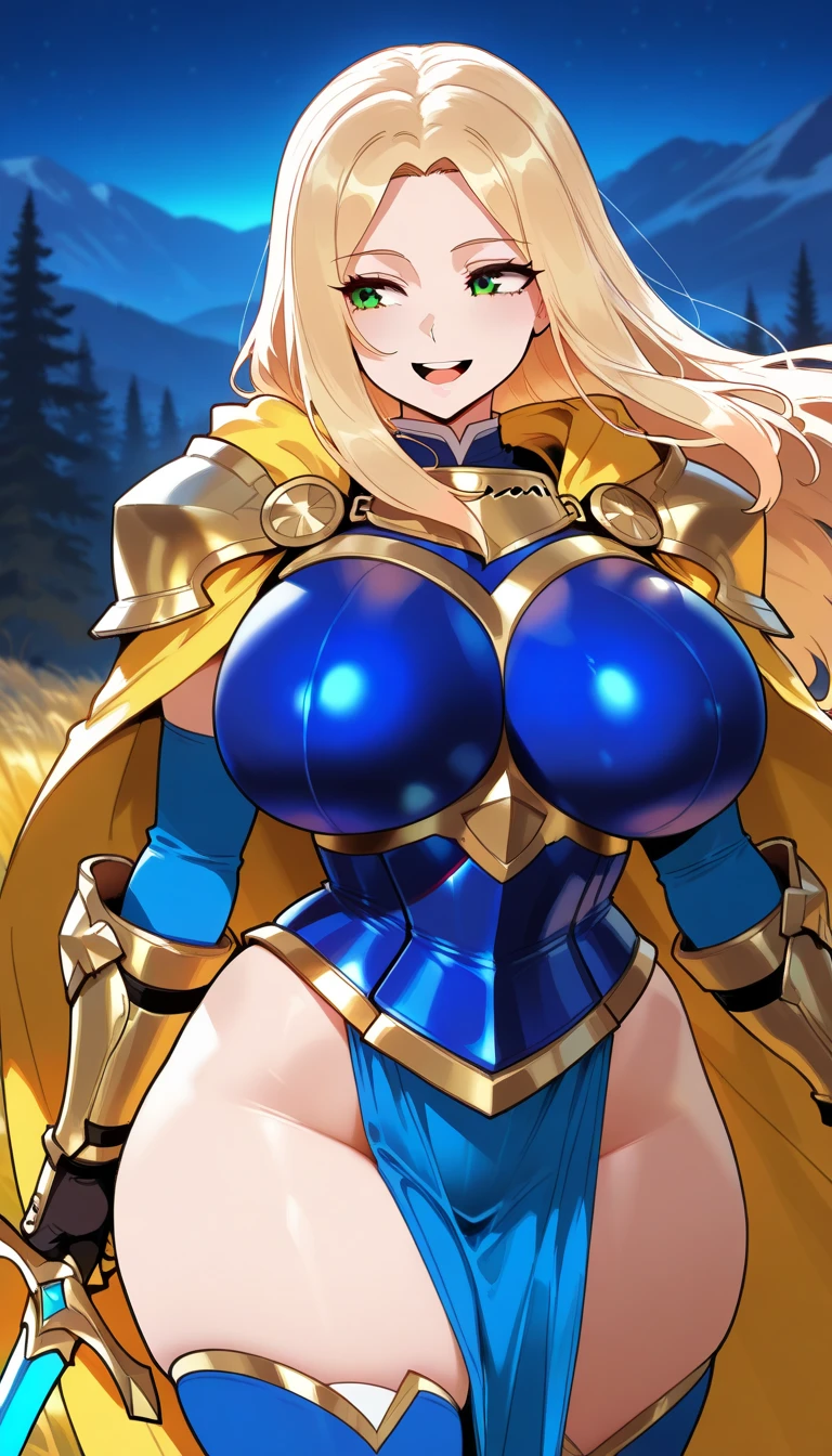 An anime-style artwork depicting Misery Stentrem from the game Youkoso Sukebe Elf no Mori E.
Tagisery Stentrem, anime, detailed eyes, detailed lips, blonde hair, smiling expression, intense gaze, glowing emblem on hand, dynamic pose, mystical background, vibrant colors, digital art, high-resolution, professional quality, gigantic breasts, cleavage, huge tits, fullbody.