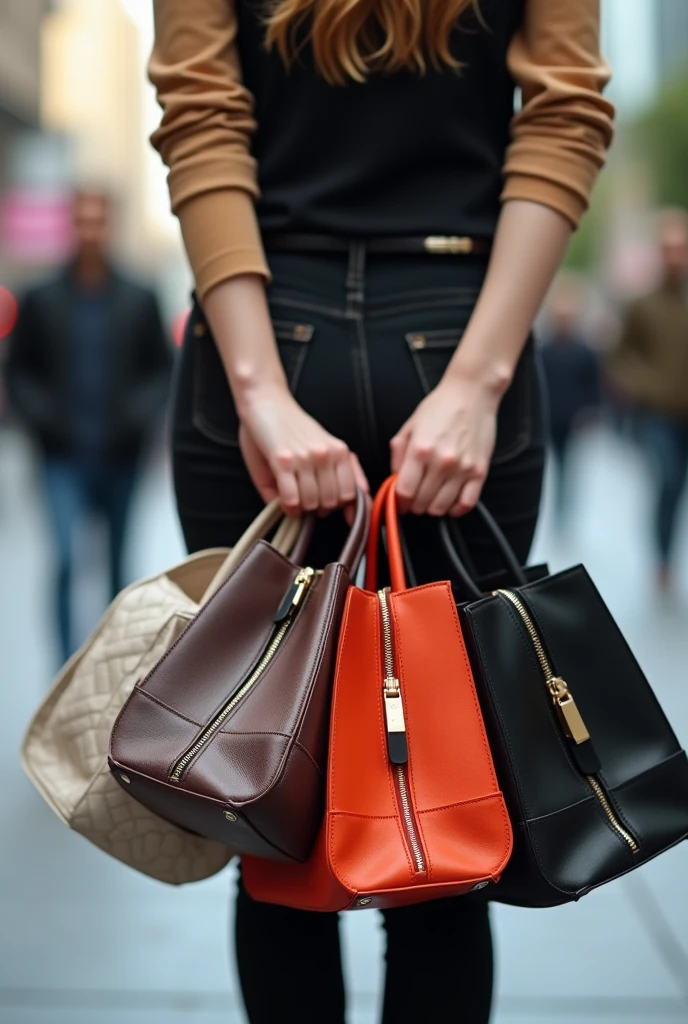 Create a very happy woman holding shopping bags in her hands.