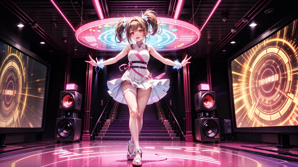 (Highest quality,8k,32K,masterpiece,Ultra-high resolution :1.2 ),born,One girl,Super cute,Natural light,Clear, shining eyes,20-year-old,Fair skin,News studio style digital world fantasy background,Silver Hair,Pink costume like Hatsune Miku,