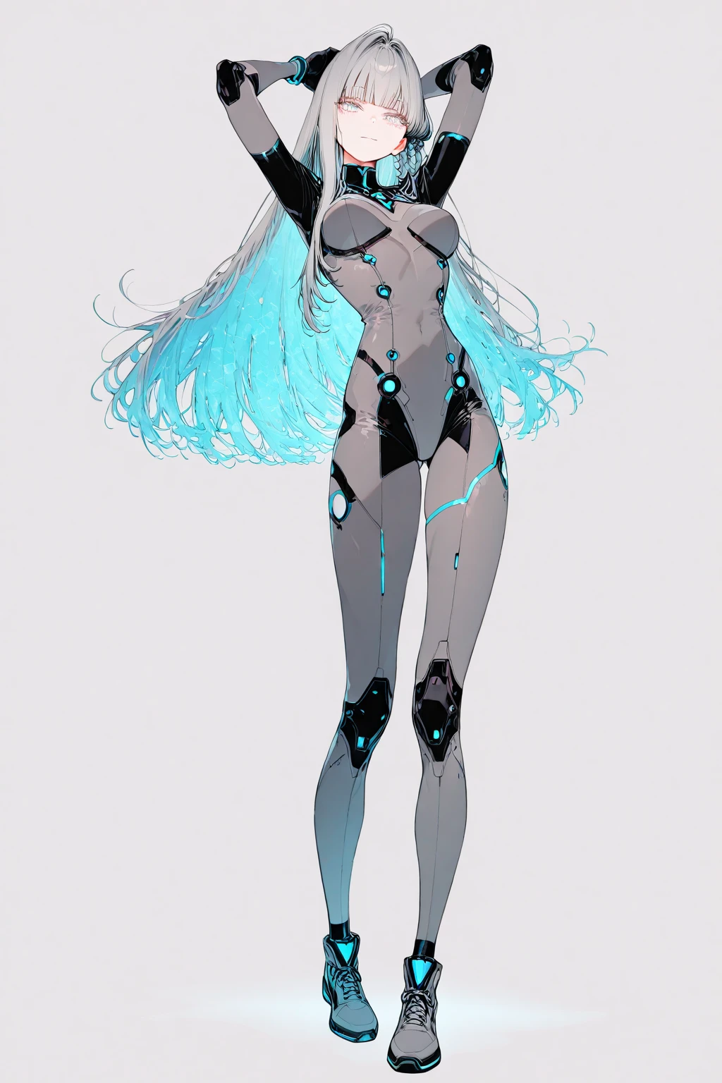 Blue Star,Twin tails,Top view,Standing on a white floor,Blue light pattern,See-through bodysuit,A bodysuit with an open chest and exposed skin,Shiny bodysuit,sexy,Big blue light bracelet,Big blue light anklet,Blue light accessories that dig into your thighs