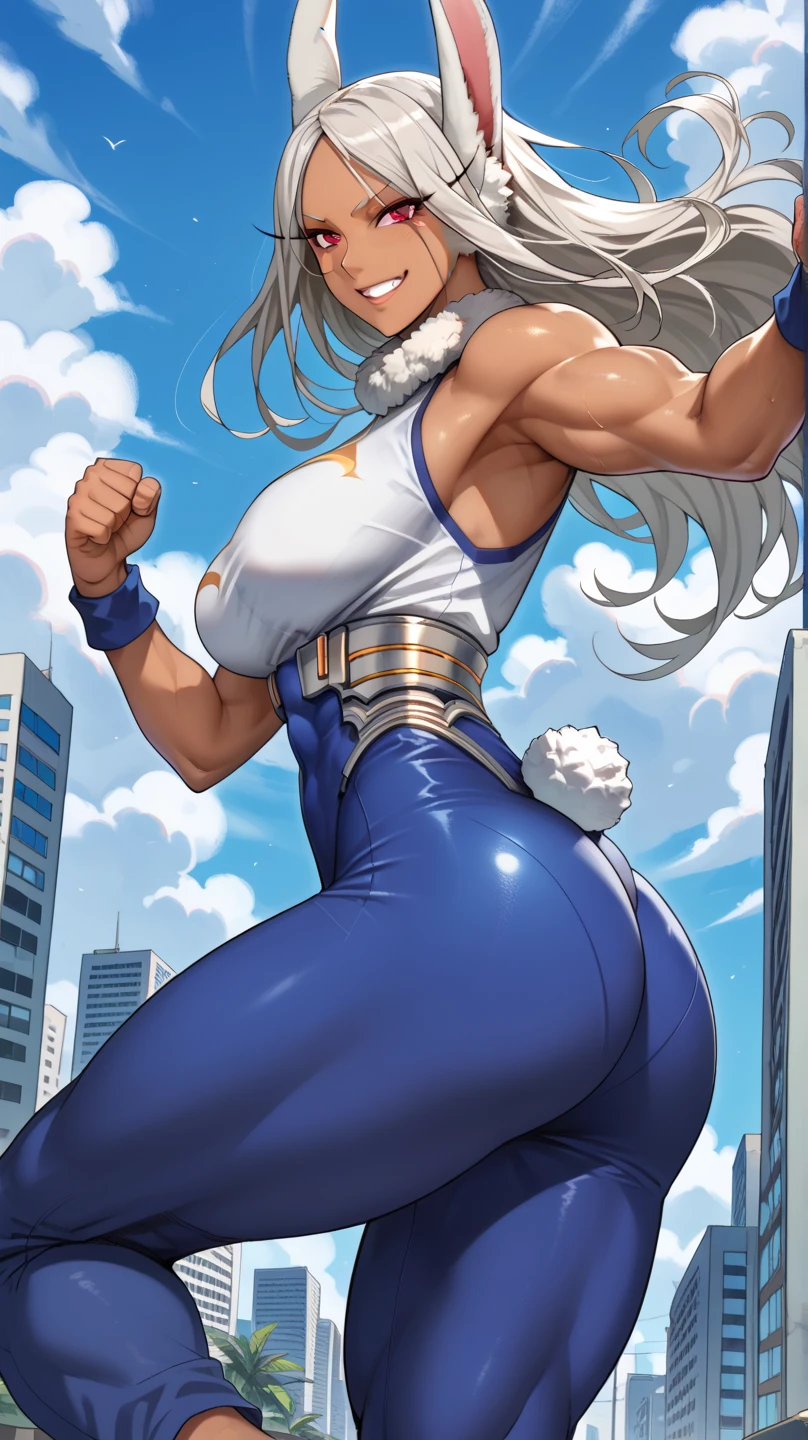 A high school girl with a super muscular, pumped-up, huge futanari erection masturbates with a huge zucchini inserted into her anus while smiling and ejaculating in ecstasy
