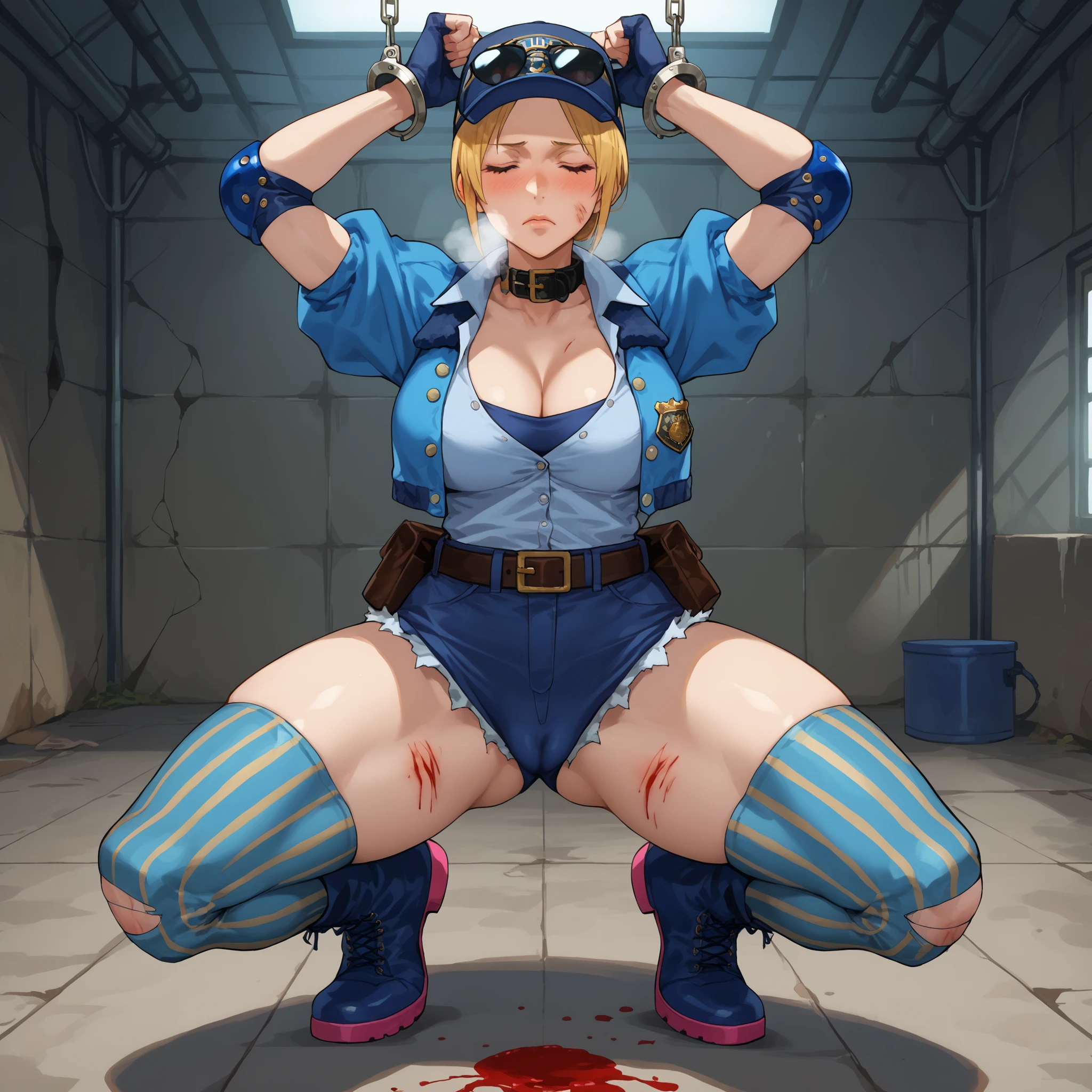 piperBS, 1girl, blonde hair, hair bun, blue dress, puffy sleeves, short sleeves, pink gloves, fingerless gloves, pink belt, shoes, blue footwear, cute and blushing 18 years old anime girl, look away because she is embarrassed and blushes, bright blue eyes, detailed face, detailed members, detailed arms, detailed hands, Girl lying, tied by ropes, shackled, can no longer move, tied tightly, very hard tied up with lots of ropes, hampered by so many ropes that she can no longer move, bound hands and feet, ropes tie his whole body, tied extremely tightly and forcefully to her bed by a lot of ropes, its limbs are strongly tied together by ropes, his torso is tied up with thick cords, her chest is so tied up with ropes that it sticks out, her legs are tied tightly with thick ropes, his hands are tied behind his back with ropes, she can no longer move her feet, her hands which are tied by thick ropes, she desperately tries to free herself, likes to be tied tight with big ropes, likes to be immobilized by big ropes, lying down, his hands and feet are strongly tied to the railing of his bed, his legs are pressed together and tied with ropes, its limbs are held vigorously by imposing ropes, her hands are tied securely behind her back by ropes, her chest is compressed by strong ropes, she is pressed against her bed and restrained by large ropes, (shibari, arms behind the back:1.4), (hands on the back), (masterpiece, best quality) 1.5, 1girl, solo, (sexy, beautiful woman, perfect face, perfect eyes, perfect hands), samus aran, (hands on the back), Spread the legs, s' ((lie in bed by big ropes)), ((close up of the girl)), ((((lie in bed)))), ((((arms tied behind the back, Legs Tied,La fille est allongée sur le ventre, La fille est allongée sur le sol:1.5)))), ((((girl seen from behind:1.4)))), ((((girl lying down on her stomach:1.4)))), ((((Outstretched arms:1.5)))), ((((Detailed hands:1.5))))
