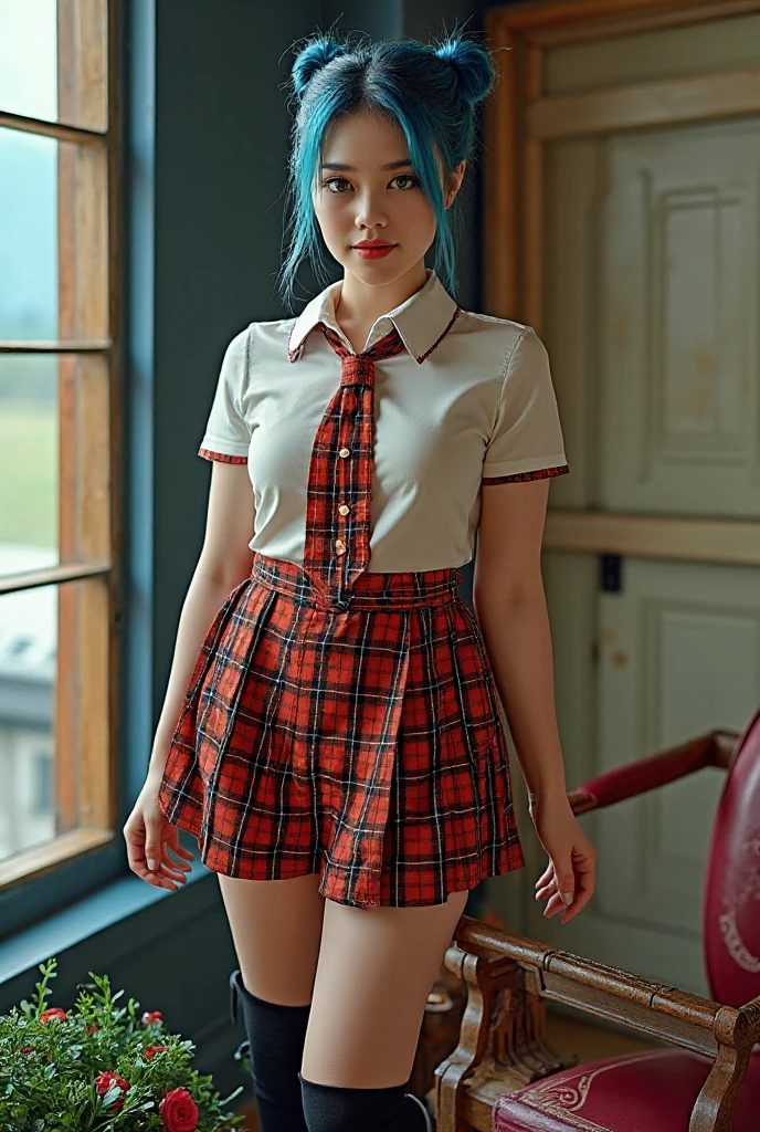1 Girl, 24 years old, (bright red hair:1.3), shoulder length hair, freckles, blue eyes, ((masturbation, best quality, high definition, nffsw, , 4K, nffsw, nffsw))), 1 girl, single , solo, beauty、fully visible、((Beautiful eyelashes, Realistic eyes)), ((Detailed face, Blush:1,2)), ((Smooth texture:0.75, Realistic texture:0.65, Photorealistic:1 ,1, medium breasts, Dynamic angle, Ideal body, ((School uniform, White shirt, Black skirt, Unbuttoned shirt、Checkered skirts、I don't wear shoes、White socks)), Classes without people、Sit on a desk、Bottom' ;I took my leg off the table........................、early evening,Very embarrassing panic smile、(Lift up your skirt with your right hand、Open both legs、 Open your knees、Blue Floral Lace Panties)、(Cute Floral Bra)、Bottom Angle