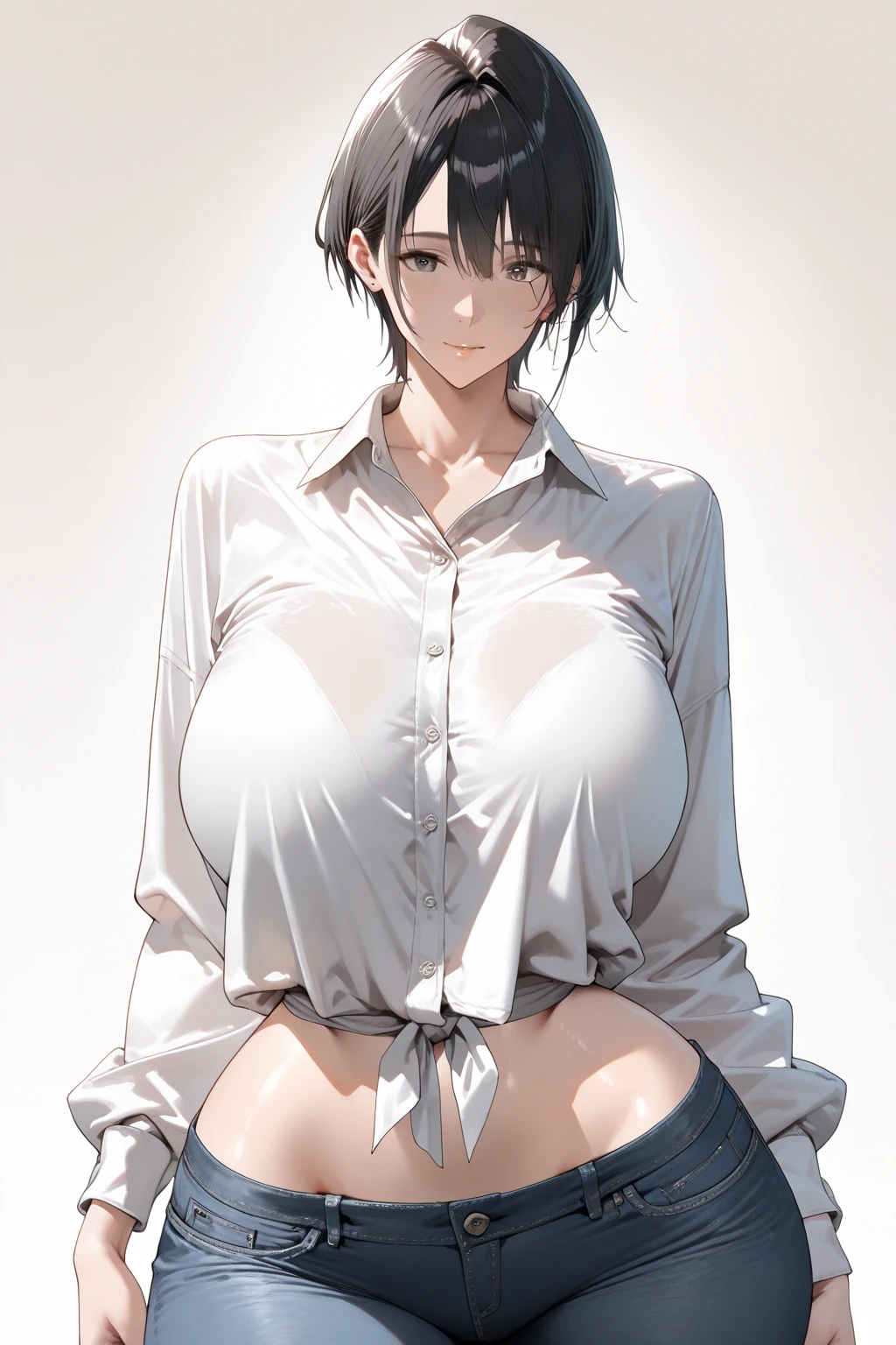 masterpiece, best quality, highres,1girl, pov, erect nipples,standing in hotel,bed in the back,night,see through clothes,tight clothes,skindentation,steam,sweat,sweat drop,look up,(from adobe:1.2),(vulgarity),panties down,pussy juice drop,front view,looking at viewer,light smile,hands behind,(stained panties, pussy juice stain),messy hair,open shirt,Izumi_nose, black hair, short hair, purple eyes, jewelry,pearl necklace, sexy woman, mole under mouth, smile, blush,perfect proportions, Bright colors ,Natural light ,rtx, , beautiful, (detailed face:1.2), chest, showcase, (perfect eyes:1.1) ,(realistic:1.1), 8K UHD,