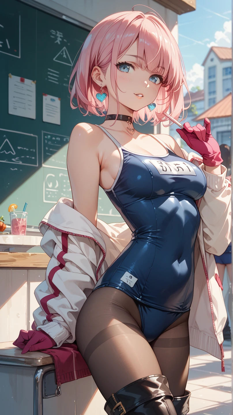 Tabletop, Highest quality,figure, wallpaper, Super detailed, 1、♡、Futomo、Dynamic pose、A kind smile、Summer landscape、Colorful and gorgeous swimsuits and stage-worthy, Pink Hair、blue eyes
