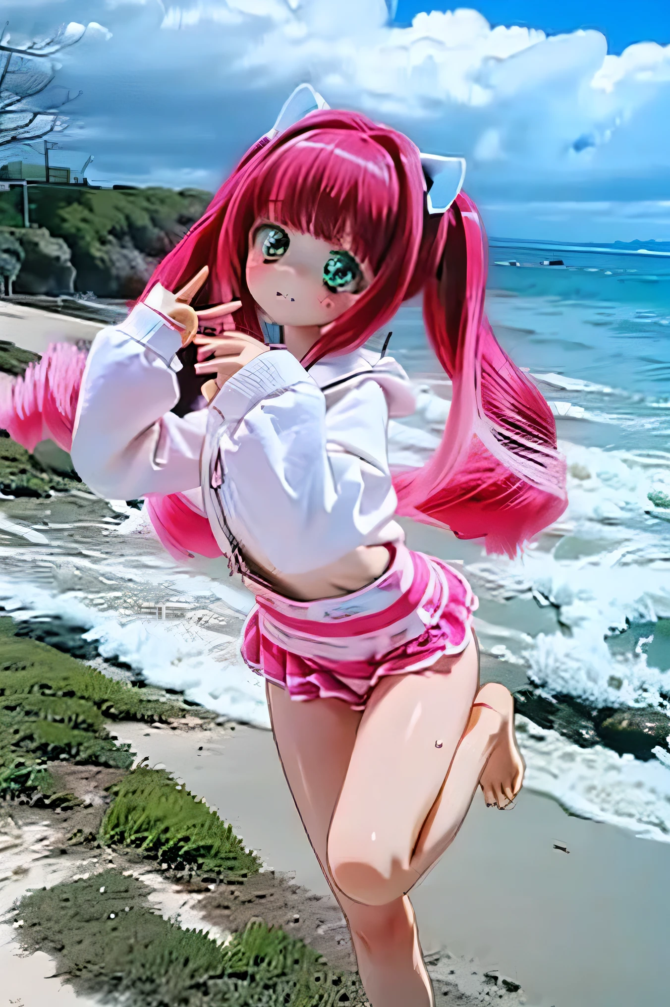 (Masterpiece: 1.5), (Best Quality: 1.5), High Resolution, High Detail, 1 Girl, Solo, Skin Highlight, Sharpen, Clear, straight hair, ponytail, multicolored hair, Jewelry, bracelet, earrings, cowboy shot, pale skin, smile, beach, micro bikini