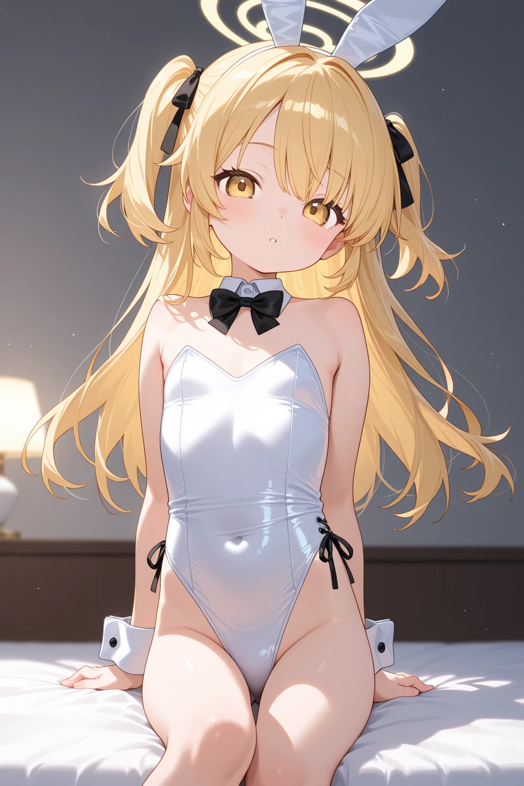 ((32k)), ((best quality)), ((ultra high res)), ((HDR)), ((UHD)), ((extremely detailed CG)), ((unity 32k wallpaper)), (1girl), ((14 years old)), (ideal ratio body proportions), very long hair, (breasts), looking at viewer, blush, smile, bangs, thighhighs, bow, holding, cleavage, jewelry, (((golden bikini))), ((medium breasts)), closed mouth, standing, swimsuit, (golden hair), (ponytail), short sleeves, bikini, ((cowboy shot)), earrings, frills, food, black thighhighs, indoors, bowtie, cup, puffy short sleeves, wrist cuffs, grey eyes, thigh strap, detached collar, side-tie bikini bottom, thigh gap, table, single thighhigh, plate, tray, teacup, cake, bridal garter, holding tray, cake slice, (night), from below,
