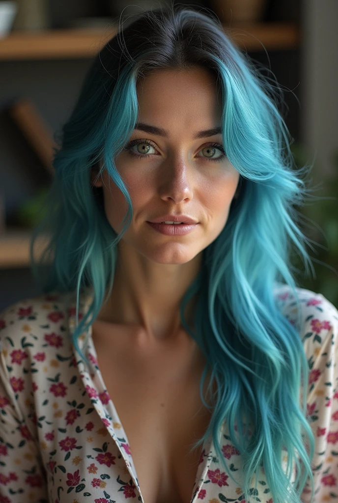 A woman with blue hair and white shirt is walking down the street, A woman with blue and green hair, perfect hands, green eyes and freckles visible on her cheeks and nose.