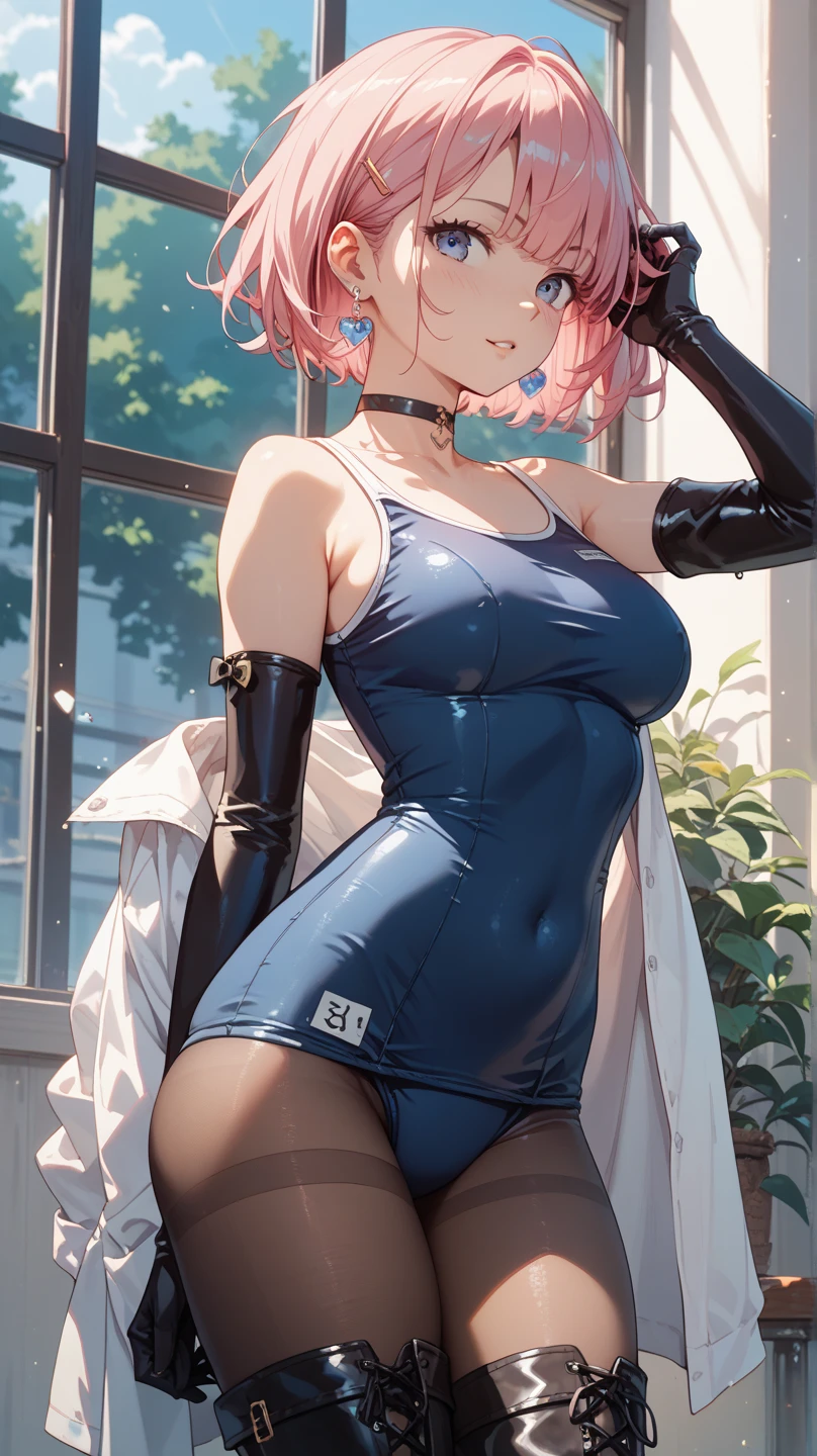 masterpiece, best quality, 1girl, kafka, purple hair, long hair, bangs, purple eyes, eyewear on head, black bunny suit, stockings, cleavage, arms behind back, looking at viewer, solo, sketch, psychotic smile
