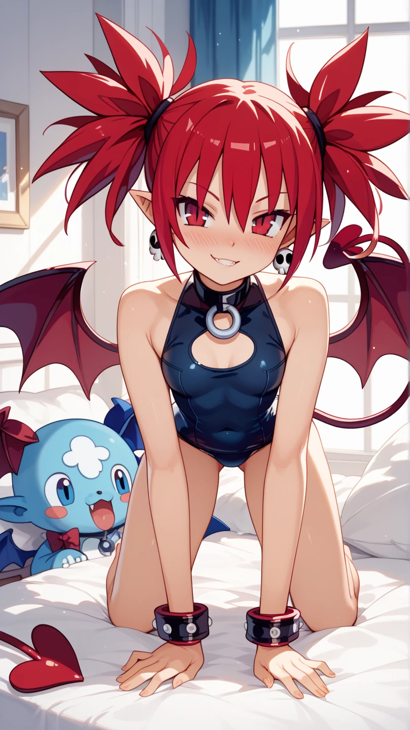 アニメのFemboy,Fine skin, cute, Very detailed, 8kのVery detailedな顔, remilia_scarlet_touhou, red_eyes, mob_cap, short_hair, bat_wings, wings, hat, blue_hair,  hair_between_eyes, bangs, smile, red_ribbon, ((Femboy)), (((Completely naked))), otoko no ko , a feminine boy, Super long twin tails, Hair Ribbon, pussy line,  Straddle, Spread your legs