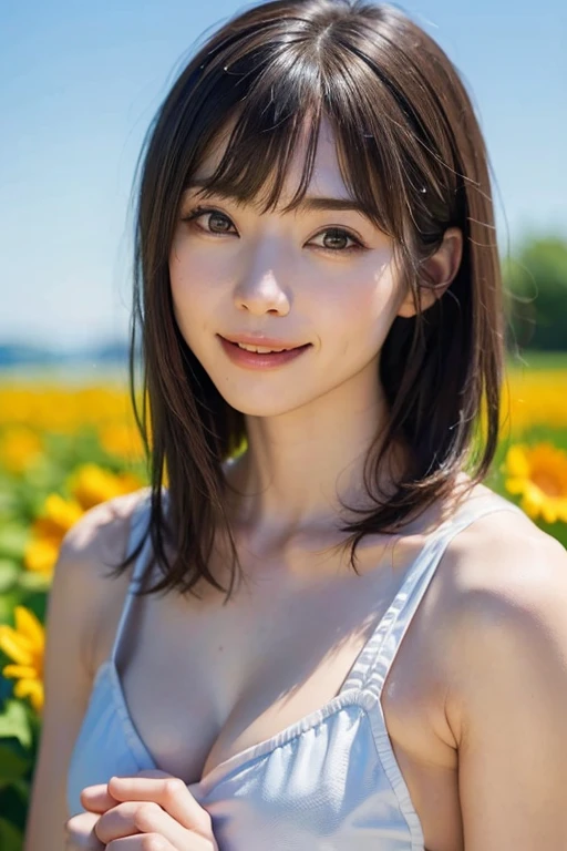 (highest quality, 32k, High resolution, masterpiece:1.2), Refreshing and clean picture art, beautiful japanese woman, bird full body shot, Shiny lemon yellow long hair, No hair ornament, hair swaying in the wind, asymmetrical bangs, thin eyebrows, big magic eyes, Moist dark eyes, Clear double eyelids, smooth soft skin, Attractive pink lips, natural makeup, gentle smile, colorful bikini, Detailed and perfect clavicle, High resolutionの美しい胸元, Slender body with plump breasts, High resolutionの美しい太もも, (The background is a field of sunflowers that stretches all the way to the horizon..:1.3), blue sky, White cloud, summer sunshine, professional lighting, professional photographer, professional model