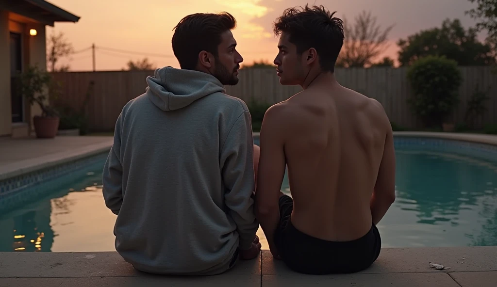 Dad and son sitting on a beach at sunset