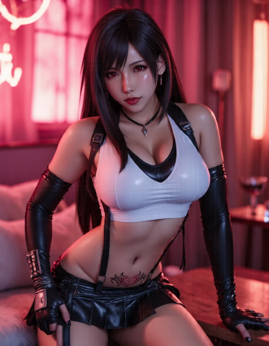 (,Make your face bright red,20-year-old,Long, narrow eyes)(Realistically: 1.4), solo, Highest quality, Very elegant and beautiful, khd, One girl, ff tifa_Lockhart, smile, Cowboy Lens, Harness, Low waist, (Maid clothes,Long black stockings), Brunette color hair, Make your face bright red,Sweat,Long white hair, Wear gloves on your elbows, Beautiful and detailed red eyes, Face Light, Cinema Lighting, belly button, (: 1.0), Old Bar, The background is blurred, Fluttering Hair, Adult Beauty,Lie down in bed,Eating fingers,At the hotel
