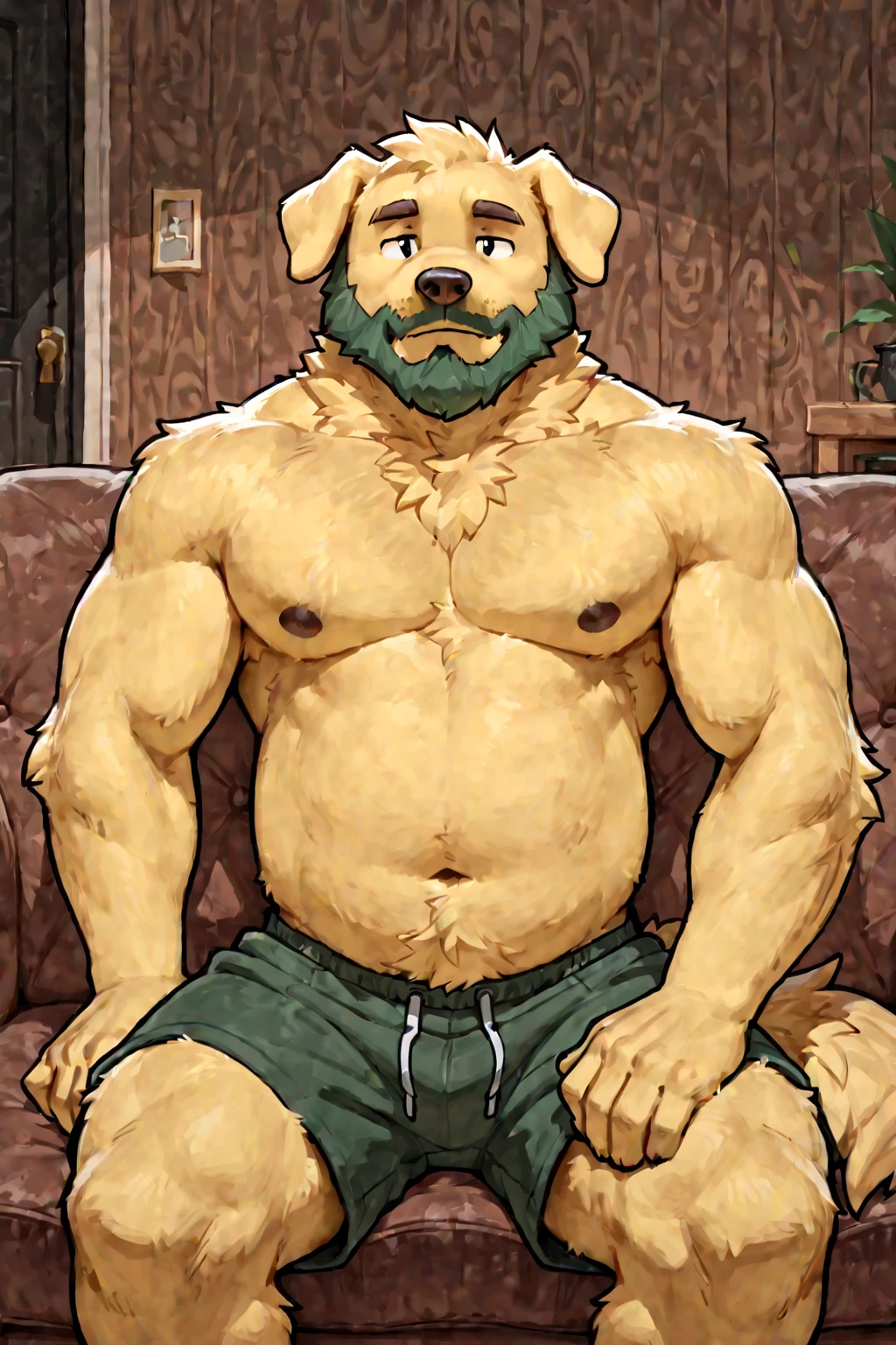 solo, golden retriever, masculine, necks, pixar eyes, adult, male, 50 years old, by dramamine, (muscular, fat, dadbod, chubby, big belly, sweaty, hairy, yellow fur, cabin background, cigarette in mouth, holding beer can, (white sleeveless shirt, boxers), correct hands, correct anatomy, (ultradetailed, best quality, detailed masterpiece, highly detailed masterpiece, 4k, professional cartoon), (natural pose, sitting on couch, nuanced expressions)