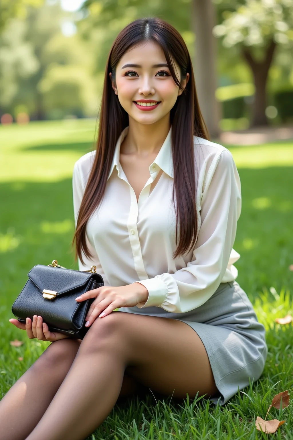 (8K, Highest quality, Ultra-high resolution、masterpiece、Raw photo)、Portrait, Ultra high resolution raw color photos, Professional photos、(Realistic, Real photo),(1 person)、(Delicate face、Detailed face and eyes、High definition eyes、double eyelid、Glossy lips)、Beautiful woman with perfect body、Full body image, Glowing Skin、Dark brown hair、Large Breasts、Sharp long legs、(Happy expression)、(Collared shirt)、(Floral midi skirt:1.3)、(silk pantyhose)、High heels、Sitting pose, High-definition skin texture、Night in the background、Wind、Starry Sky、moon、((Perfect body、Perfect Anatomy、Anatomically correct))