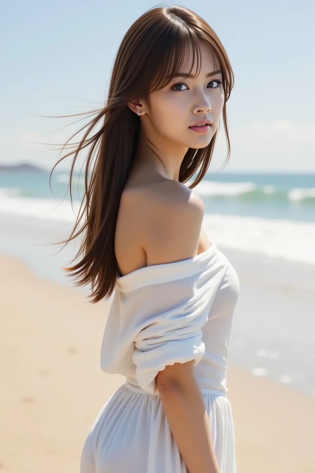 Best quality, masterpiece, ultra high res, (photorealistic, detailed face :1.4), 1girl, deep shadow, shiny skin, smile,
medium breast, slim leg, (full body, half body),
filmg2,
A young, beautiful female from a love-genre movie wearing a pink sundress is walking on a deserted sandy beach with barefoot. Her wavy brown hair flowing in the wind and carries the scent of the beach. Her delicate silver anklet clinking, complementing her simple yet elegant style.