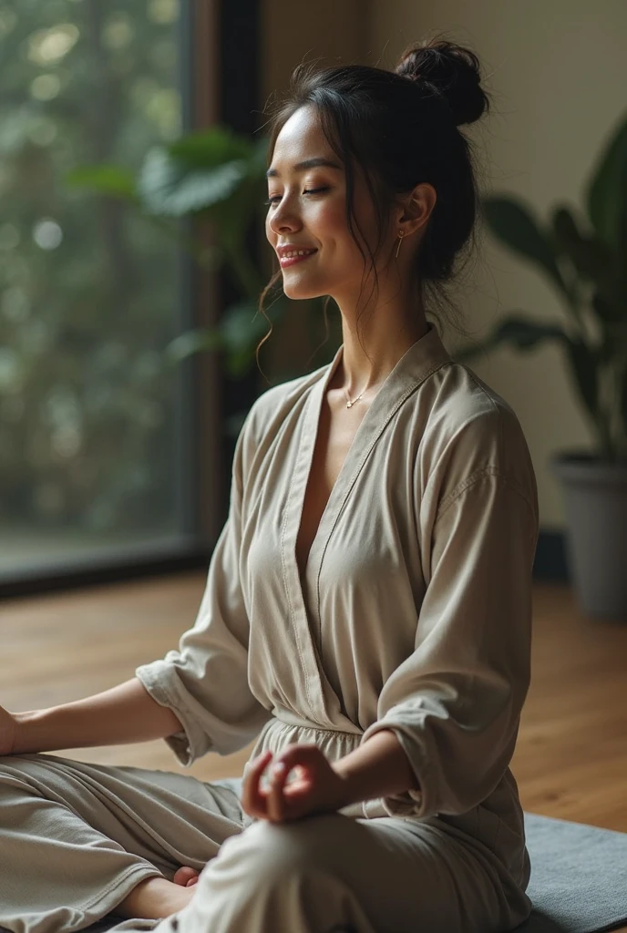Image of a Buddhist woman，the breasts are large，With a mother's smile, Detailed face, Wear white transparent clothes，Sit cross-legged on a warm meditation mat and meditate, Bright room. Candles are visible all around you, Symbolizes peace and relaxation.The background is a natural and active painting、Quotes for inner happiness and prosperity, Particles of Light.