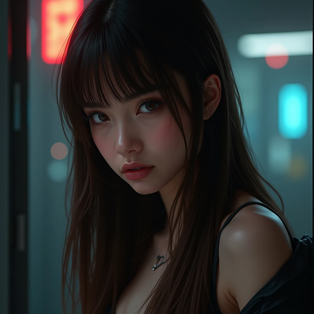 8K,best quality, masterpiece, Ultra-high resolution, (Reality:1.4), RAW photos, (Real skin texture:1.3), (Film Grain:1.3), (Selfie Angle),1 Girl,Beautiful and detailed eyes and face,Off-shoulder,Large Breasts,Postmodern Bodysuit,masterpiece, best quality,close up,Upper body shot, standing on top of the building,Cyberpunk Style Modern Metropolis,night,individual