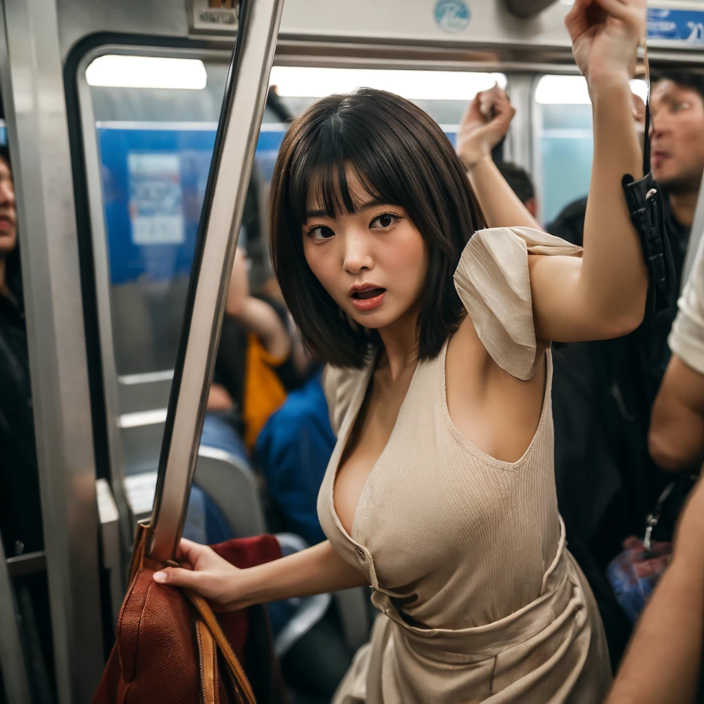 Ayaka Kamisato、Creampie: Inserted from behind on a crowded train、Pink nipples、Cowgirl