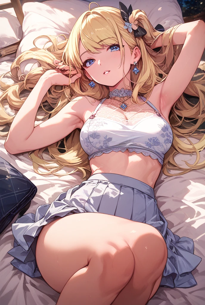A 14 year old girl with blue eyes in white bra height 5,8 on bed with skirt