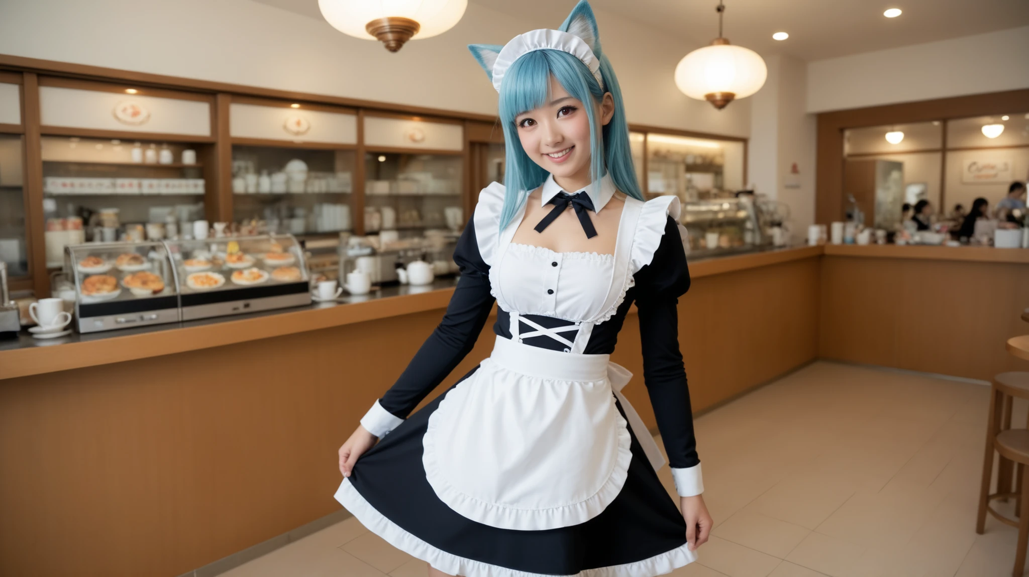 Full body illustration of a 20-year-old cute Japanese girl in kawaii style, wearing a traditional black and white maid outfit with lace, apron, and headband. She has long straight blue hair, large expressive brown eyes, and soft skin. Fox-like ears (orange or white) are visible on top of her head, giving her a kemonomimi look. She is smiling sweetly and standing in a pastel-themed cafe interior. Soft lighting, anime or semi-realistic style, high-resolution, detailed outfit, kawaii aesthetic, gentle background blur