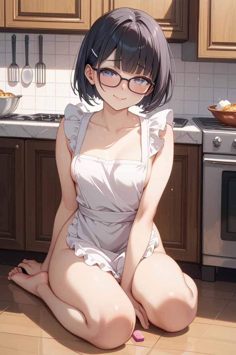 (high quality, High resolution, Finer details), (masterpiece, high quality, High resolution:1),girl1人,alone,chest,pov doorway, Open door, doorway, false smile,Are standing, (Sweat:1.3)，Sidewalk, Side view, alone, girl, Braiding, , Sparkling eyes, (large round frame glasses), (Beautiful Eyes), 小さいchest, ((A kind smile)), blush, Sweat, Oily skin, (focal plane), Shallow depth of field，Navy blue camisole，Black underwear，On all fours，turn your butt towards me