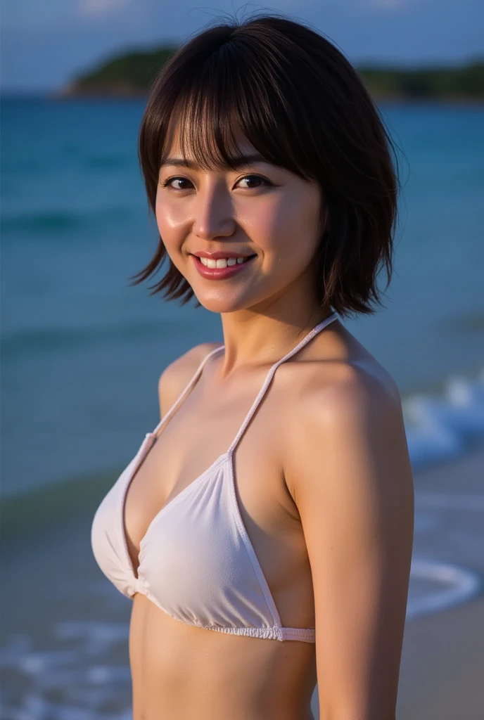 masterpiece, highest quality, High resolution, Photorealsitic, Raw photo, 8k wallpaper, perfection, Professional Lighting, Soft Light、Outdoor, Very detailed, Depth of written boundary,beach、Sandy Beach、sunset, ((One beautiful woman, Japanese Mature)), (48yo)), Female Sexy, Detailed face, Beautiful Eyes, Bangs, Shapely breasts, Boob Emphasis、I can see her cleavage、Light brown straight hair, Faint lips, Point first(Touching lips:1.5)、 ((Stand in front、Staring at the beholder、Serious face eyes。)), Blue elegant dress, shoulderless dress、Cowboy Shot。