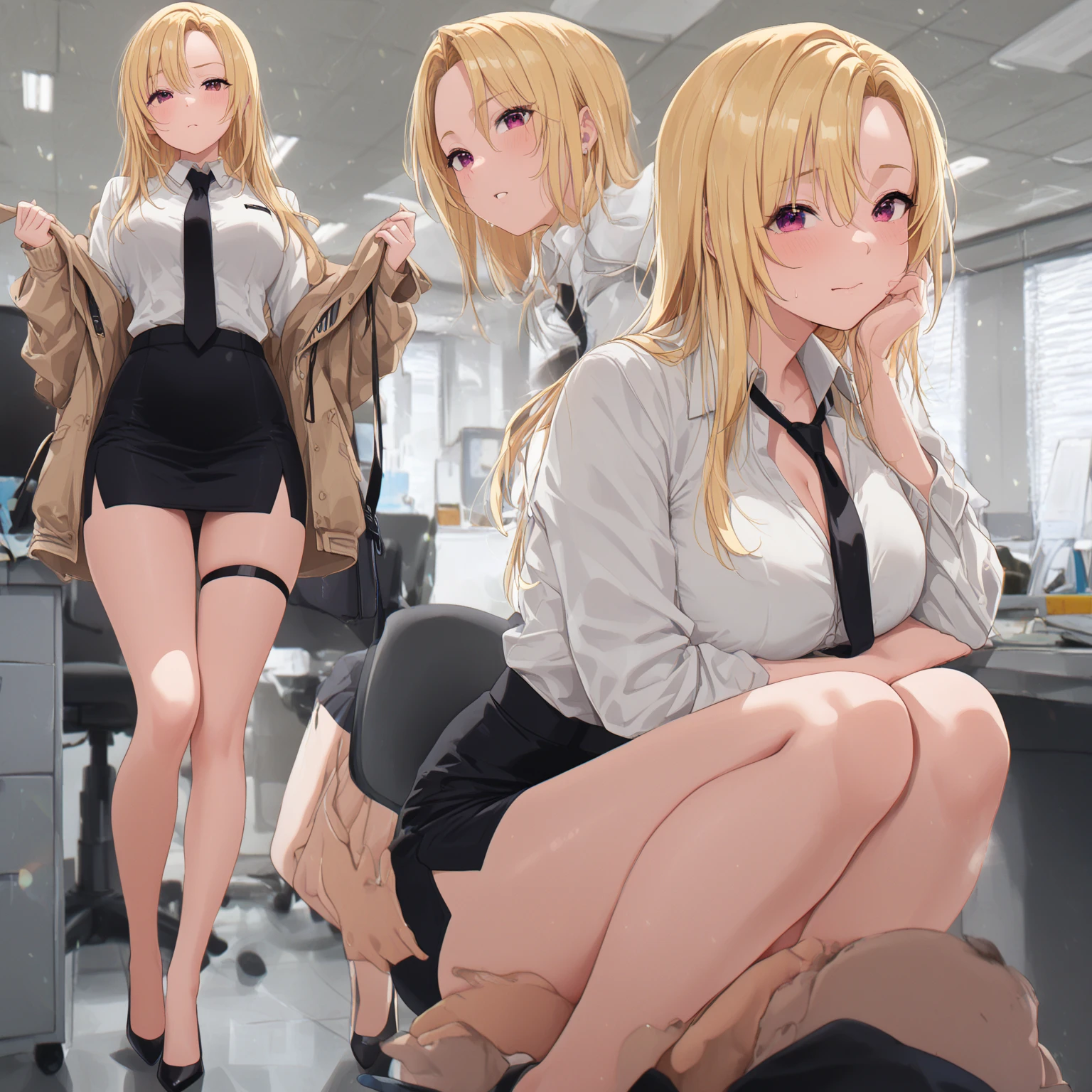 masterpiece: 1.6, Highest quality: 1.4, Live: 1.2, Intricate details: 1.2, 1 mature woman,28 years old,office lady,attractive office lady, alone, (Light brown hair), Long Hair, single ~ ~ sidelock, amount: 1.5, Deep blue eyes, Bright Eyes, Slender figure,Small breasts,(Exposed thighs:1.7),office casual style, (Black recruitment suit:1.5),White shirt,(Black tight skirt:1.2), Full Body Shot, Multiple Views, front, return, ~ ~ side, performance, ((Character setting material collection, Different poses of the same character, Character Reversal: 1.5, Multiple Views)), arms behind return, Portraiture, Happy, Are crying, Get angry, smile