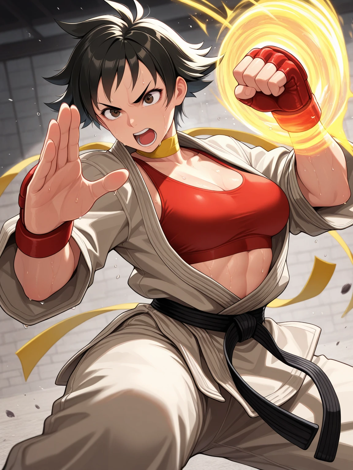 masterpiece, best quality, 8k, hdr, artstation, wallpaper, official art, splash art, cinematic lighting, 80s anime DVD still, female martial arts fighter, dynamic pose, high kick, king of fighters, yelling, angry expression